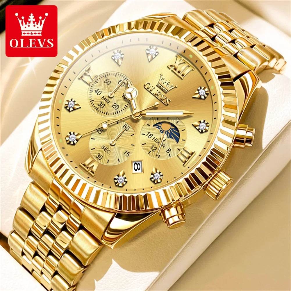 OLEVS Brand Luxury Original Men's Watches Waterproof Moon Phase Quartz Watch Luminous Gold Stainless Steel Strap Male Wristwatch - FLORANZANI- Beauté & Santé