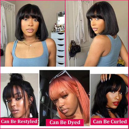 Middle Part 3X1 Hd Lace Wig Bone Straight Human Hair Wigs With Bangs Short Bob Wigs Full Machine Made Short Bob Human Hair Wigs - FLORANZANI- Beauté & Santé