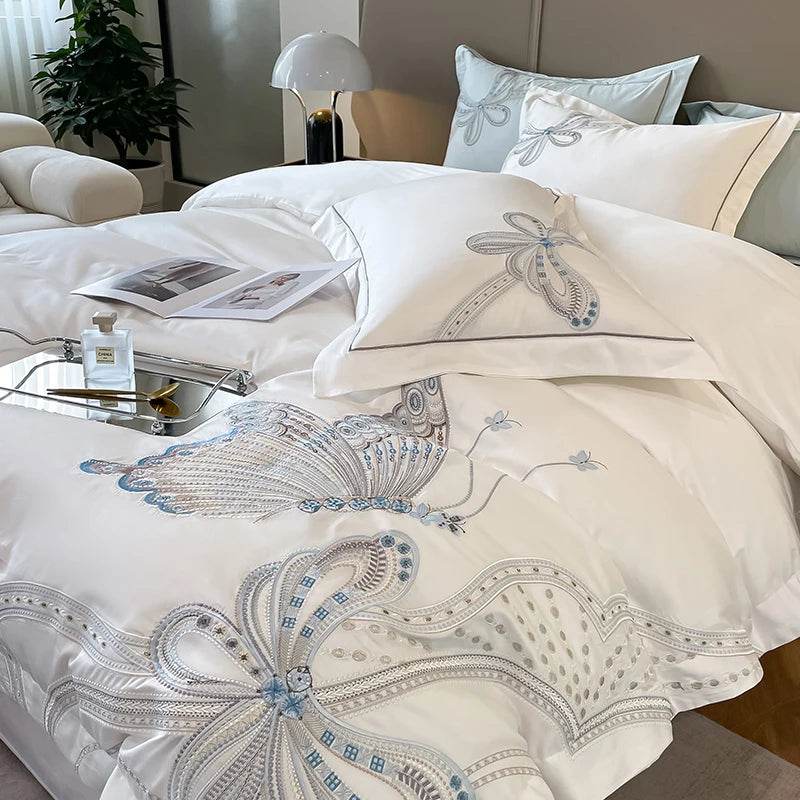 100% Egyptian Cotton Luxury Butterfly Embroidery Wedding Bedding Set 100% Cotton Duvet Cover Flat/Fitted Bed Sheet Pillowcases - FLORANZANI- Beauté & Santé