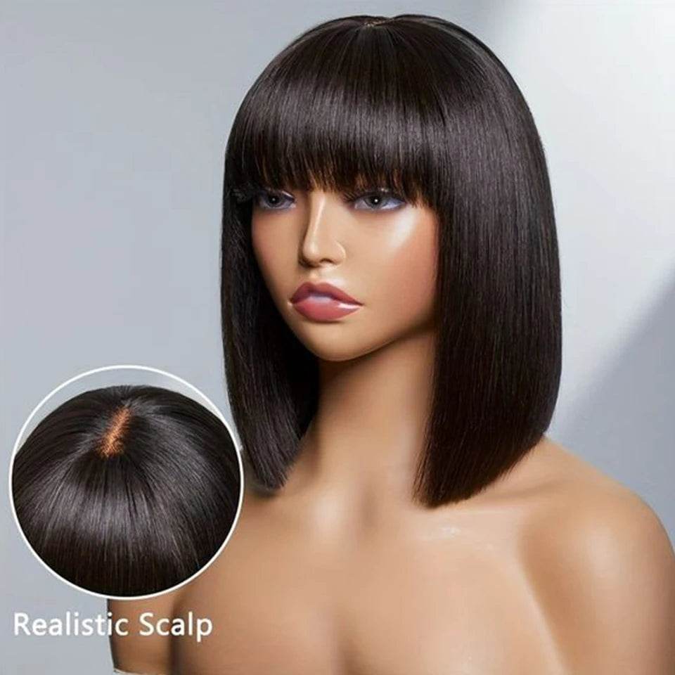 Wear and Go Human Hair Bob Wig With Bangs 180 Density Realistic Look 4x1 Lace Glueless Wigs Short Black Bob Wigs With Bangs - FLORANZANI- Beauté & Santé