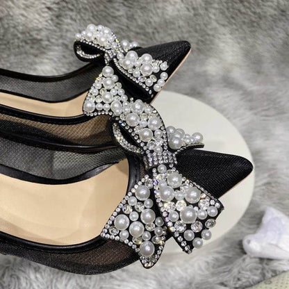 Black Bow diamond Mesh Lace High Heels Female Ladies Thin Heeled For Pointed Toe Pumps Sexy Woman Party Prom Shoes - FLORANZANI- Beauté & Santé