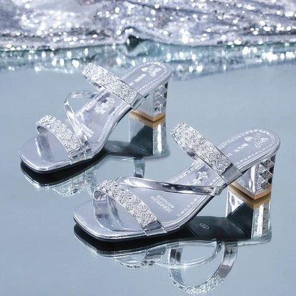 Shiny Gold Silver Women's Sandals Summer 2023 Crystal High Heels Party Shoes Woman Comfortable Thick Heel Slides Sandalias Mujer - FLORANZANI- Beauté & Santé