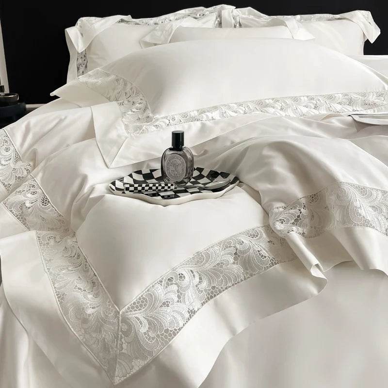 Luxury Hollow Lace Wide Embroidery 1200TC Egyptian Cotton 4Pcs Bedding Set Duvet Cover Set Flat/Fitted Bed Sheet Pillowcases - FLORANZANI- Beauté & Santé