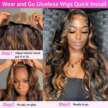 9x6 Wear and Go Glueless Wigs Human Hair Pre Plucked Pre Cut 1B/30 Highlight Ombre Lace Front Wigs Body Wave Human Hair Wigs - FLORANZANI- Beauté & Santé