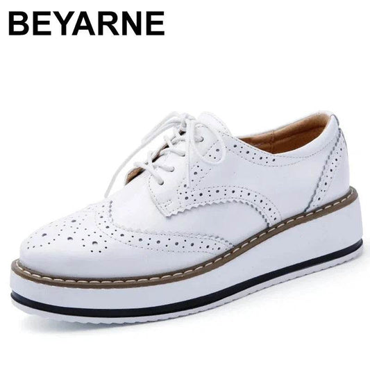 Genuine Leather Shoes Women Flats Oxford Lace Up Striped Platform White Black Fashion Vintage Platform Brogue Shoes Woman - FLORANZANI- Beauté & Santé