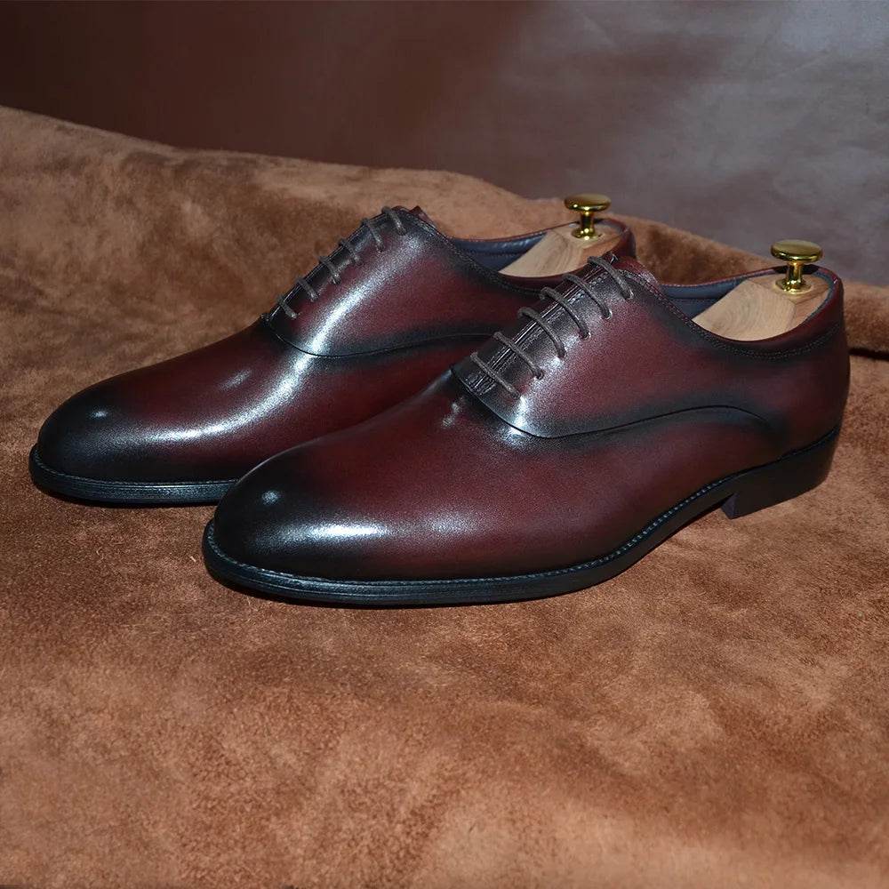 Italian Classic Mens Oxford Dress Shoes Genuine Leather Lace-up Plain Toe Burgundy Black Business Wedding Formal Shoes for Men - FLORANZANI- Beauté & Santé