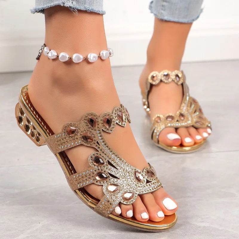 Summer 2024 New Rhinestone Flip-flops, Round Head Fashion Large Size Women's High-heeled Sandals, Beach Sandals - FLORANZANI- Beauté & Santé