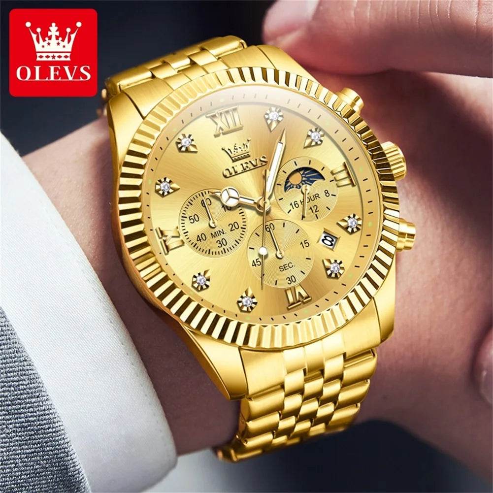 OLEVS Brand Luxury Original Men's Watches Waterproof Moon Phase Quartz Watch Luminous Gold Stainless Steel Strap Male Wristwatch - FLORANZANI- Beauté & Santé