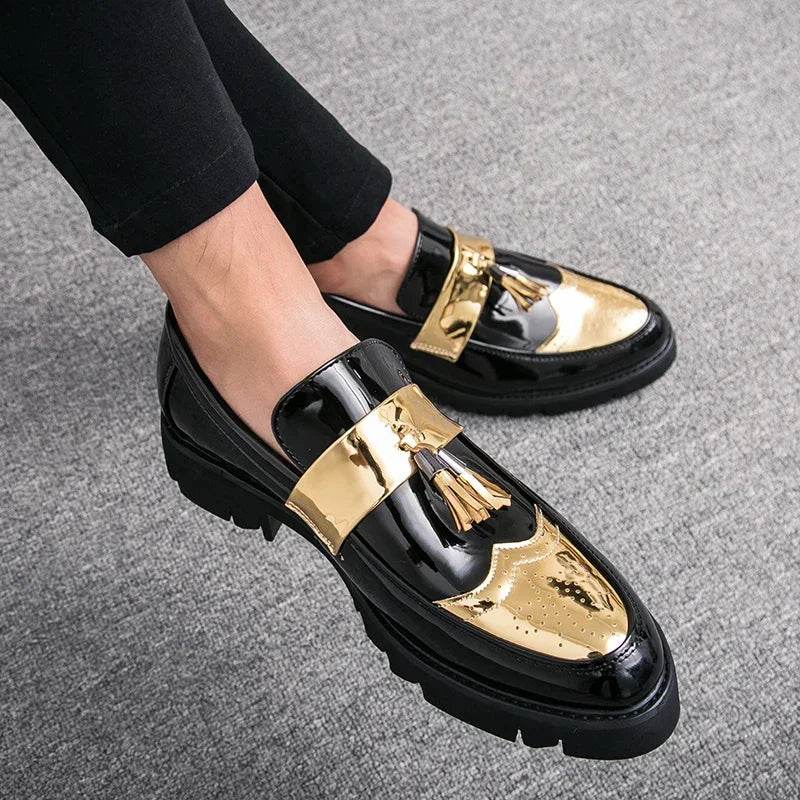 Golden Men's Casual Slip-On Tassel Patent Loafers Thick Bottom Elevator Shoes Fashion Men's Party Shoes Business Shoes Brogue - FLORANZANI- Beauté & Santé