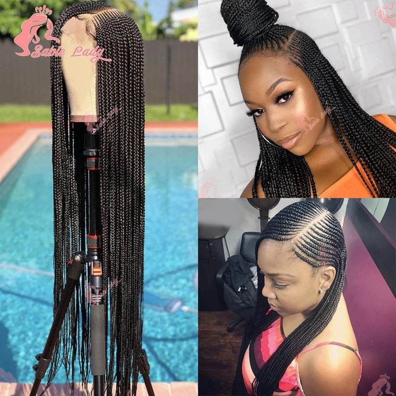 Side Part Cornrow Braids Synthetic Lace Wig Knotless Box Braid Wig Full Lace Front Braided Wigs For Black Women Braiding Hair - FLORANZANI- Beauté & Santé