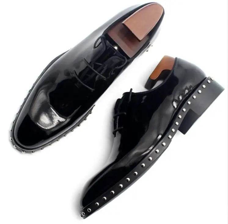 Handmade Genuine leather Black Wedding Dress Shoe Rivets Patent leather Formal Business Shoes Studded Man Flats Lace up Hombre - FLORANZANI- Beauté & Santé