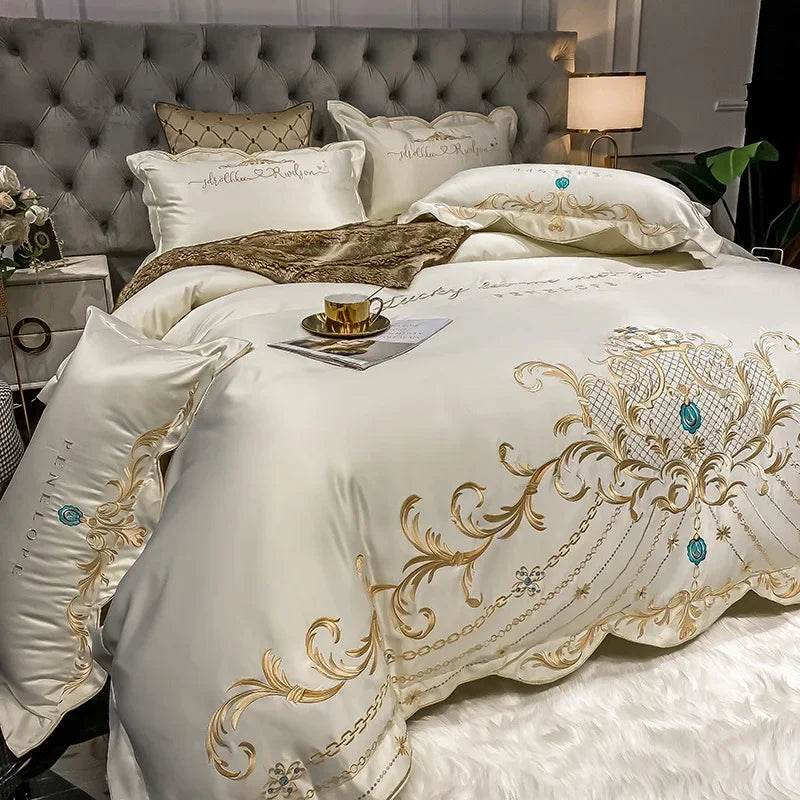 Egyptian Cotton Bedding Set Golden Embroidery Home Textiles Super Soft Bed Duvet Sheet Set King Queen Size Chic Stitch Linen 이불 - FLORANZANI- Beauté & Santé