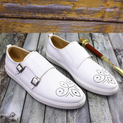 Men's Leather Shoes Casual Shoes Premium Classic White Brogue Handmade Leather Shoes Men's Fashion Dating Flat Party Shoes - FLORANZANI- Beauté & Santé