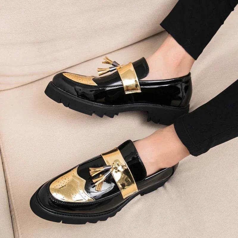 Golden Men's Casual Slip-On Tassel Patent Loafers Thick Bottom Elevator Shoes Fashion Men's Party Shoes Business Shoes Brogue - FLORANZANI- Beauté & Santé