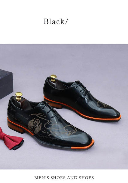 Embossed Printed Business Formal Cowhide Shoes Men's Oxfords Genuine Leather Casual Lacquered Shiny Leather British Men's Shoes - FLORANZANI- Beauté & Santé