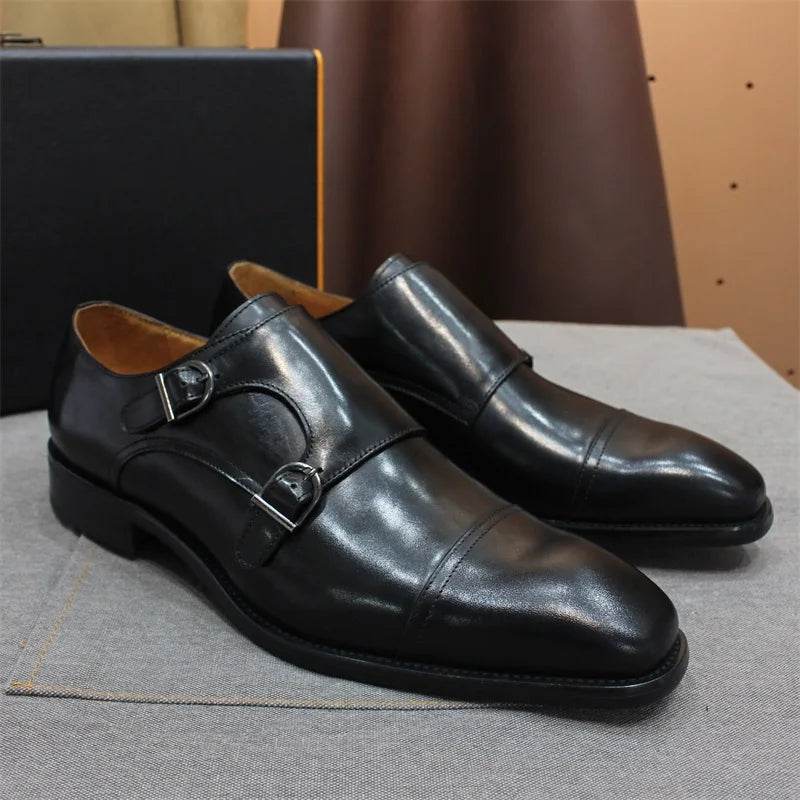 Luxury Handmade Genuine Leather Men's Shoes Formal Classic Double Buckle Monk Shoes Pointed Toe Business Dress Wedding Men Shoes - FLORANZANI- Beauté & Santé