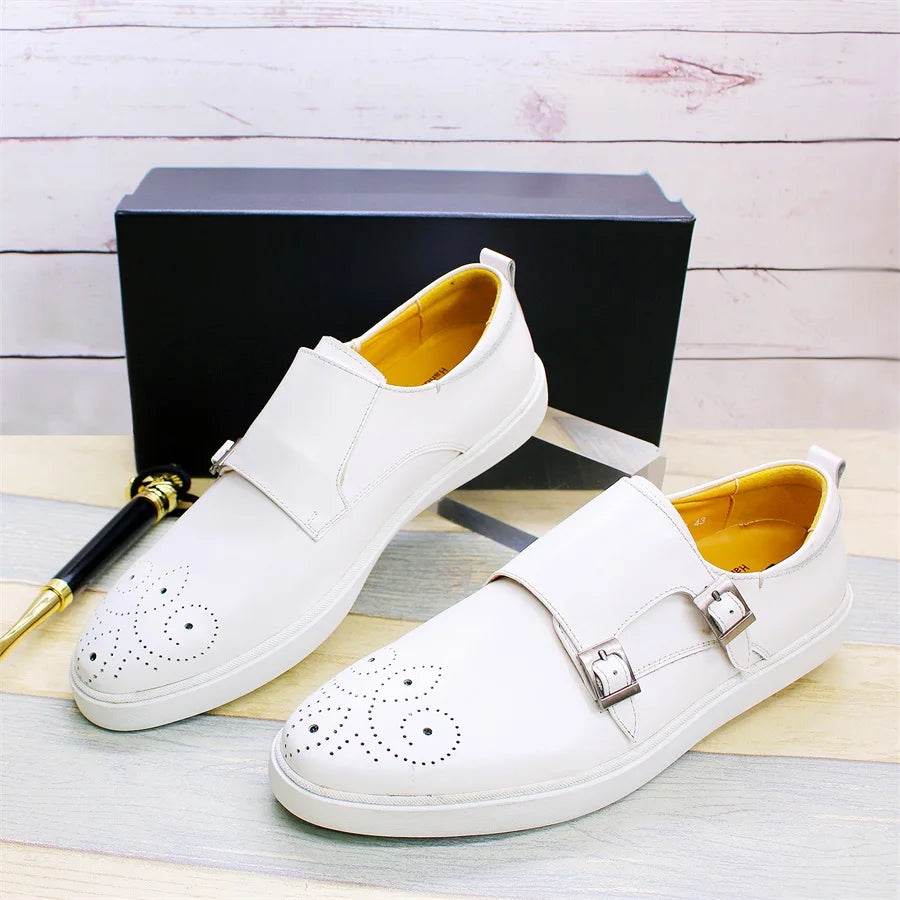 Men's Leather Shoes Casual Shoes Premium Classic White Brogue Handmade Leather Shoes Men's Fashion Dating Flat Party Shoes - FLORANZANI- Beauté & Santé