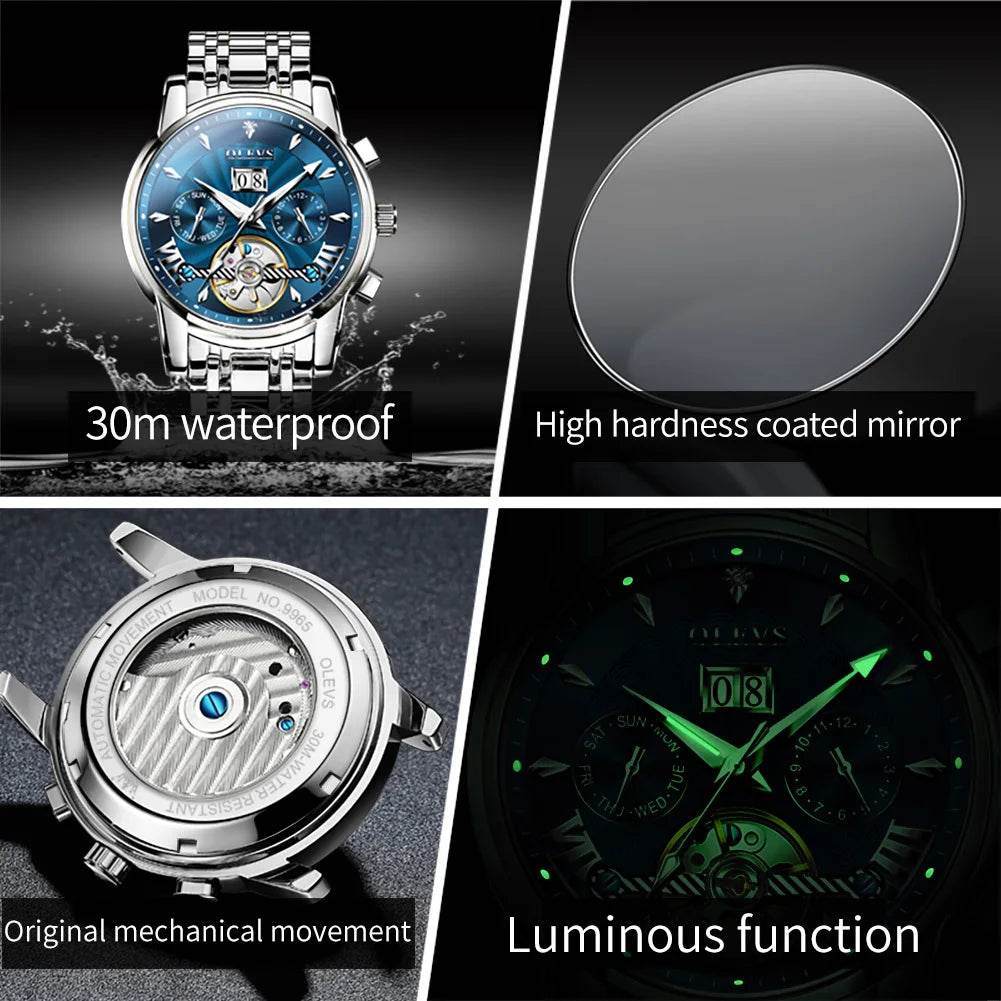 OLEVS 9965 Mens Watch Classic Hollow Out Automatic Mechanical Watch Original Movement Waterproof Luminous Calendar Year Moon - FLORANZANI- Beauté & Santé