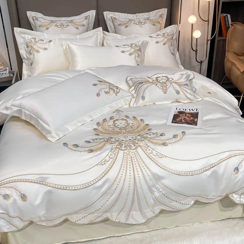 Luxury Gold Feather Embroidery Egyptian Cotton Champagne/Light Yellow Patchwork Duvet Cover Bed Sheet Pillowcases Bedding Set - FLORANZANI- Beauté & Santé