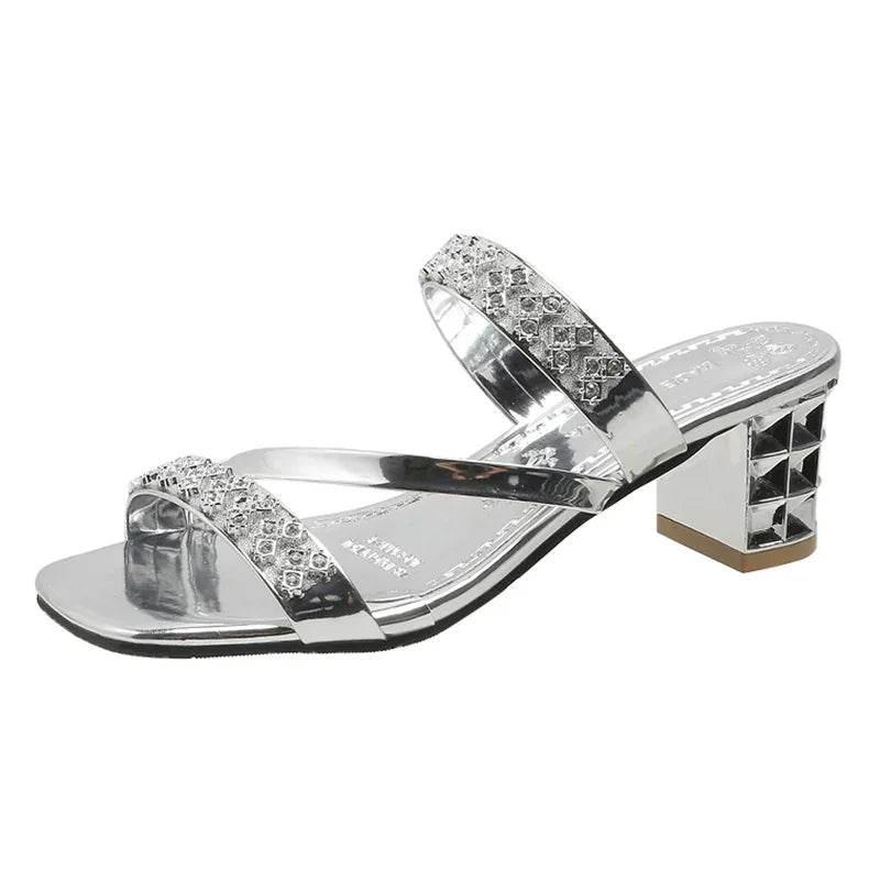 Shiny Gold Silver Women's Sandals Summer 2023 Crystal High Heels Party Shoes Woman Comfortable Thick Heel Slides Sandalias Mujer - FLORANZANI- Beauté & Santé