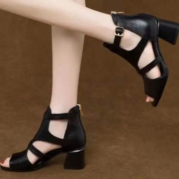 Thick Heels Sandals Women 2024 Summer New Holow Out Sandals Lady High Heeled Pumps Lady Peep Toe Cover Heel Fashion Roman Shoes - FLORANZANI- Beauté & Santé