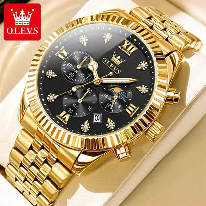 OLEVS Brand Luxury Original Men's Watches Waterproof Moon Phase Quartz Watch Luminous Gold Stainless Steel Strap Male Wristwatch - FLORANZANI- Beauté & Santé