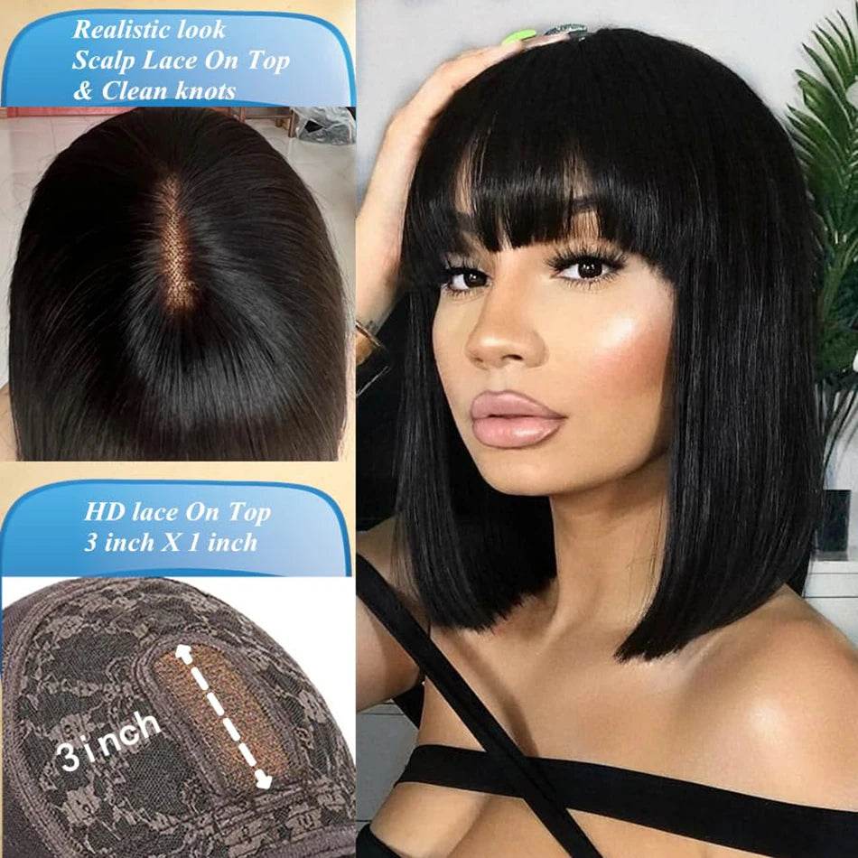 Middle Part 3X1 Hd Lace Wig Bone Straight Human Hair Wigs With Bangs Short Bob Wigs Full Machine Made Short Bob Human Hair Wigs - FLORANZANI- Beauté & Santé