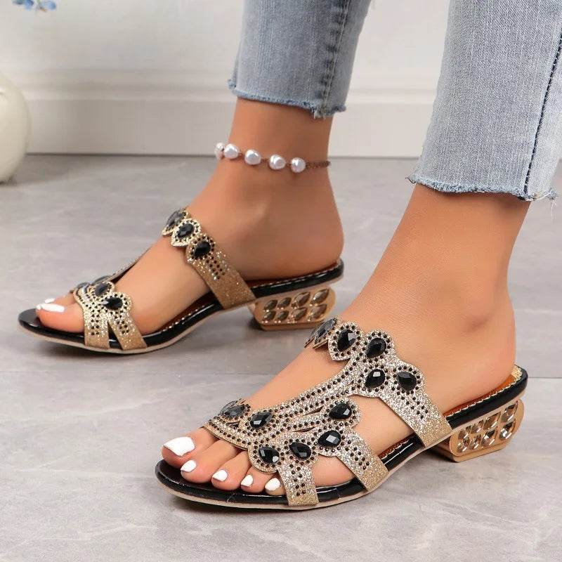 Summer 2024 New Rhinestone Flip-flops, Round Head Fashion Large Size Women's High-heeled Sandals, Beach Sandals - FLORANZANI- Beauté & Santé