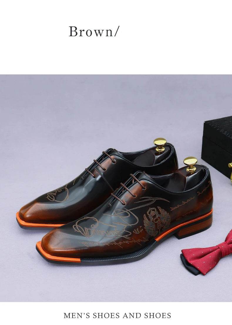 Embossed Printed Business Formal Cowhide Shoes Men's Oxfords Genuine Leather Casual Lacquered Shiny Leather British Men's Shoes - FLORANZANI- Beauté & Santé