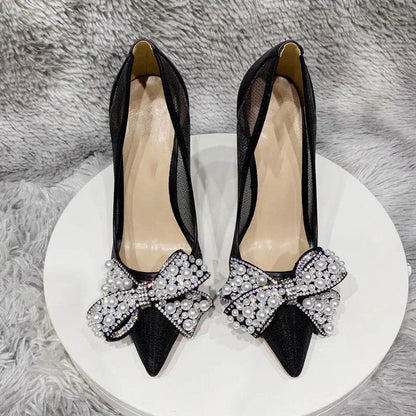 Black Bow diamond Mesh Lace High Heels Female Ladies Thin Heeled For Pointed Toe Pumps Sexy Woman Party Prom Shoes - FLORANZANI- Beauté & Santé