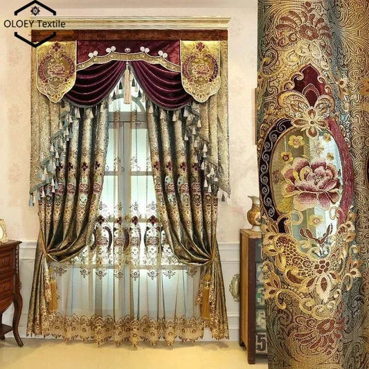 Luxury Golden Velvet Embroidered Curtains for Living Room Bedroom Elegant Hollow Shading Drapes Custom Valance Tulle Villa Decor - FLORANZANI- Beauté & Santé