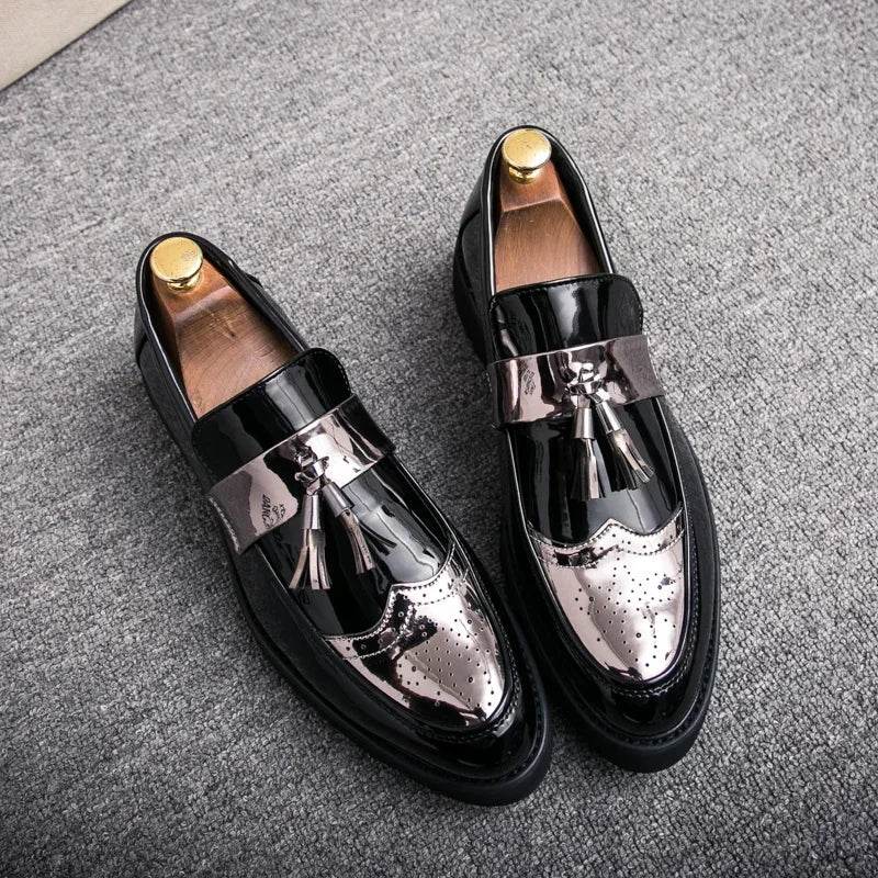 Golden Men's Casual Slip-On Tassel Patent Loafers Thick Bottom Elevator Shoes Fashion Men's Party Shoes Business Shoes Brogue - FLORANZANI- Beauté & Santé