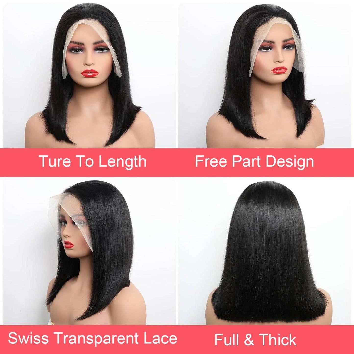 Bob Wig Human Hair 13X4 Lace Front Wig 180% Density Short Straight Frontal Bob Wig Transparent Lace Pre Plucked With Baby Hair - FLORANZANI- Beauté & Santé