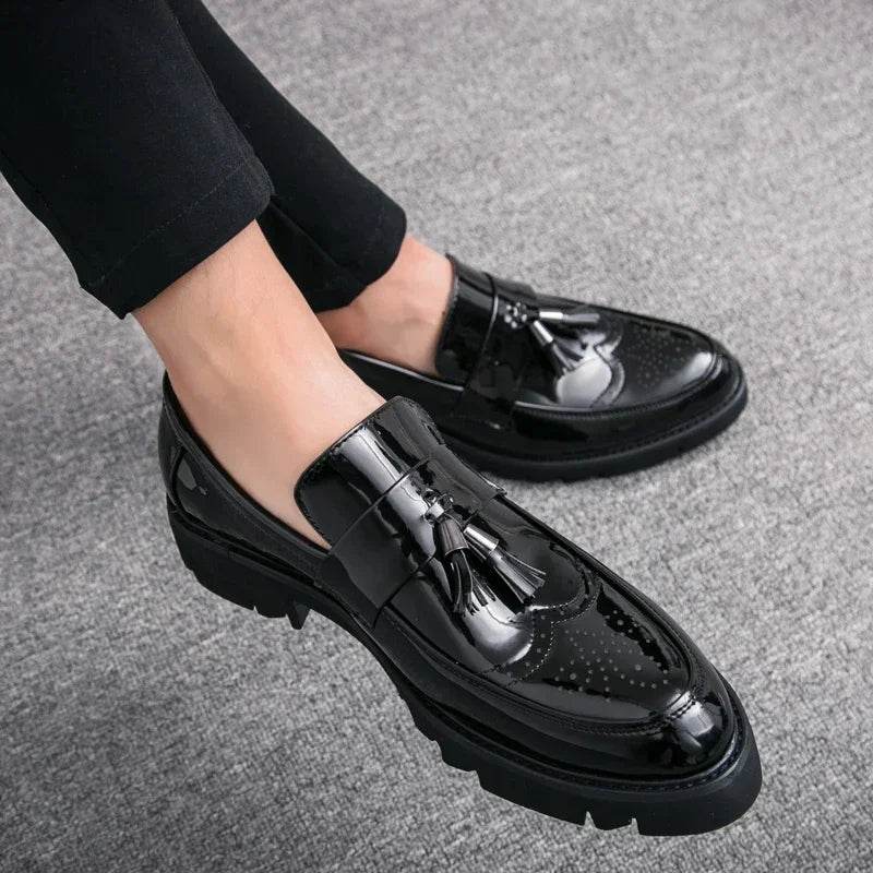 Golden Men's Casual Slip-On Tassel Patent Loafers Thick Bottom Elevator Shoes Fashion Men's Party Shoes Business Shoes Brogue - FLORANZANI- Beauté & Santé