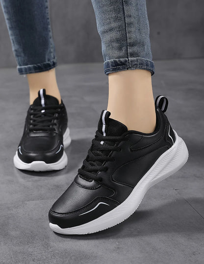 Women Running Shoes PU Leather Lace-up Men Warm Light Walking Sneaker Fitness Sport Flats Comfortable Black Size 35-44 Loafers