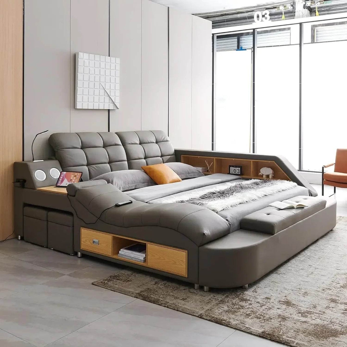 Multifunctional Queen Bed Frame,Smart Bed with Massage Recliner on Right Speaker/Storage Drawers,Adjustable Leather Up Headboard - FLORANZANI- Beauté & Santé