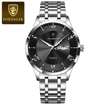 POEDAGAR Luxury Fashion Men Clock Waterproof Luminous Week Date Sports Man Wristwatch Stainless Steel Men's Quartz Watches Reloj - FLORANZANI- Beauté & Santé