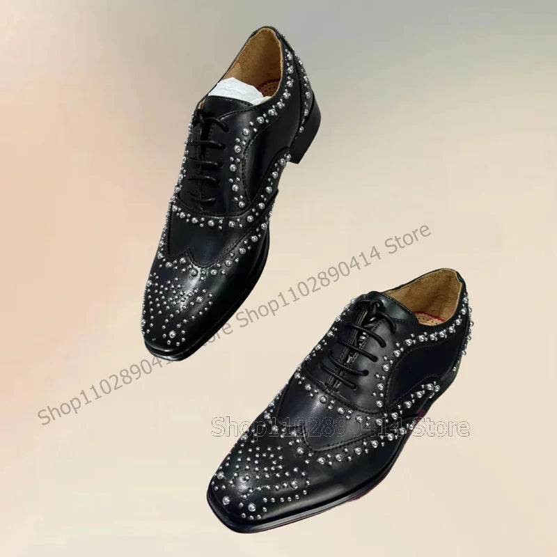 Silver Rivets Decor Black Strappy Square Toe Loafers Fashion Lace Up Men Shoes Luxurious Handmade Party Office Men Dress Shoes - FLORANZANI- Beauté & Santé