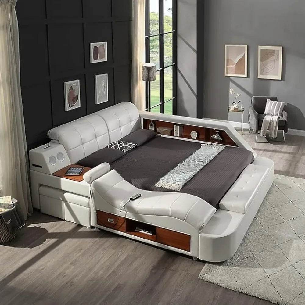 Multifunctional Queen Bed Frame,Smart Bed with Massage Recliner on Right Speaker/Storage Drawers,Adjustable Leather Up Headboard - FLORANZANI- Beauté & Santé