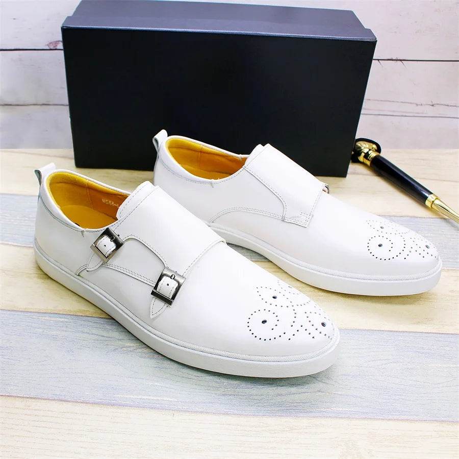 Men's Leather Shoes Casual Shoes Premium Classic White Brogue Handmade Leather Shoes Men's Fashion Dating Flat Party Shoes - FLORANZANI- Beauté & Santé