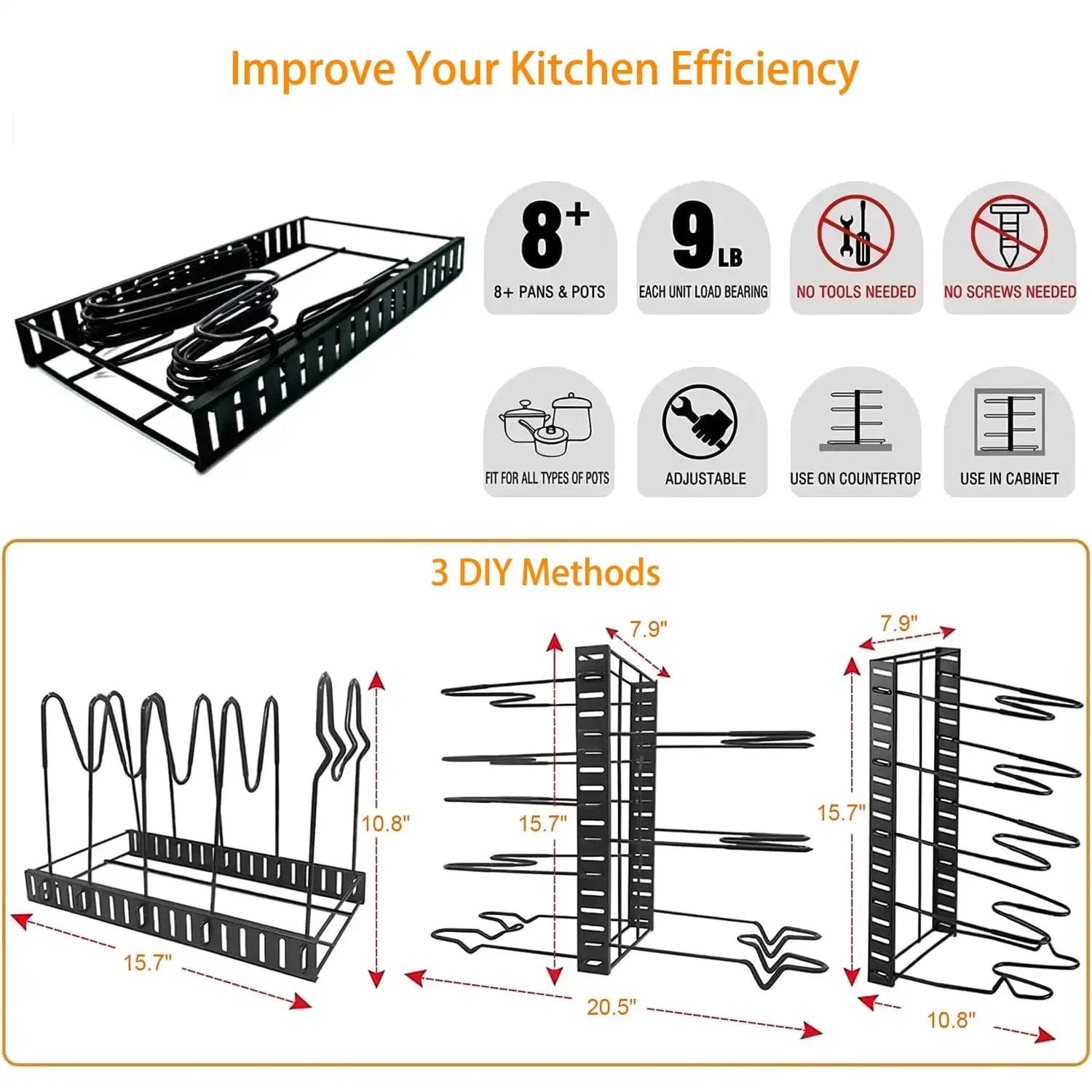 Pot Organizer Rack 8 Tiers Pots and Pans Organizer, Pot Lid Organizer for Kitchen Cabinet Cookware Organizers and Storage,Upgrad - FLORANZANI- Beauté & Santé