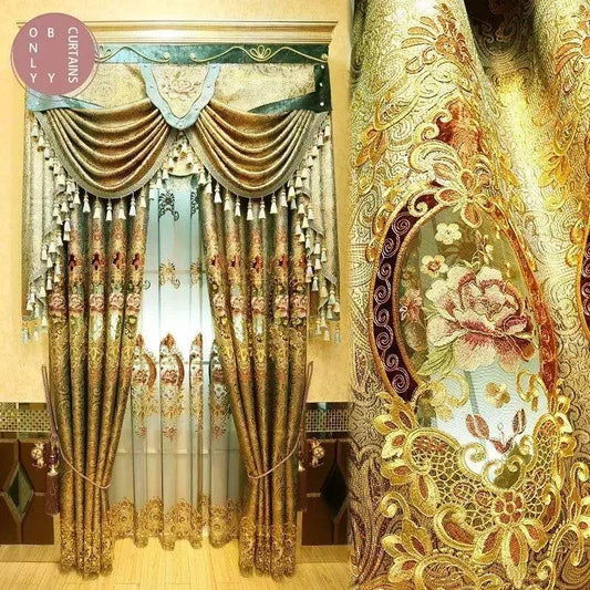 Gold Gilded Embroidered Hollowed Out Velvet Curtains for Living Room Bedroom Partition Curtains Customized Villa Valance Tube - FLORANZANI- Beauté & Santé