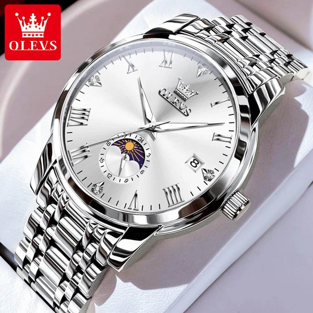 OLEVS Top Brand Men's Watches Fashion Original Quartz Watch for Man Waterproof Stainless Steel Luminous Wristwatch Moon Phase - FLORANZANI- Beauté & Santé