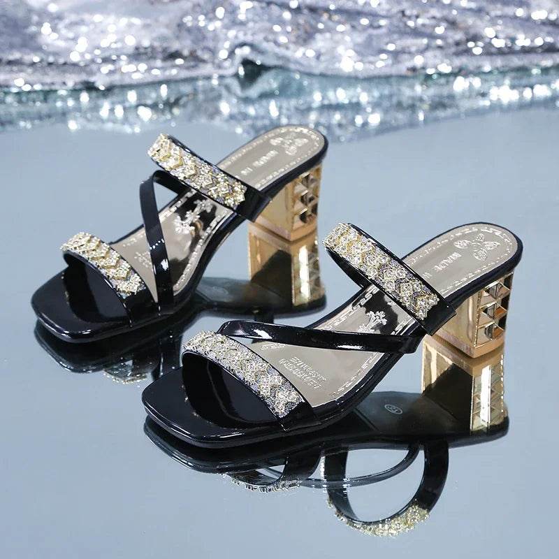 Shiny Gold Silver Women's Sandals Summer 2023 Crystal High Heels Party Shoes Woman Comfortable Thick Heel Slides Sandalias Mujer - FLORANZANI- Beauté & Santé