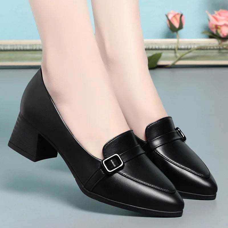 Fashion Elegant Soft Leather Shoes Women's Black Platform Loafers 2024 Spring Block High Heels Shoes For Office Work Daily Mom - FLORANZANI- Beauté & Santé