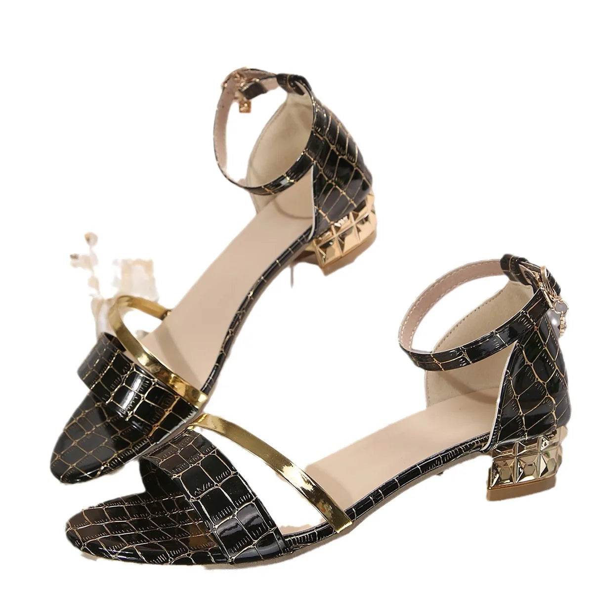 Black Plaid Women's Sandals 2024 Summer New High Heels Casual Open Toe Gold Naked Strap Sandals Pumps Heels Women - FLORANZANI- Beauté & Santé