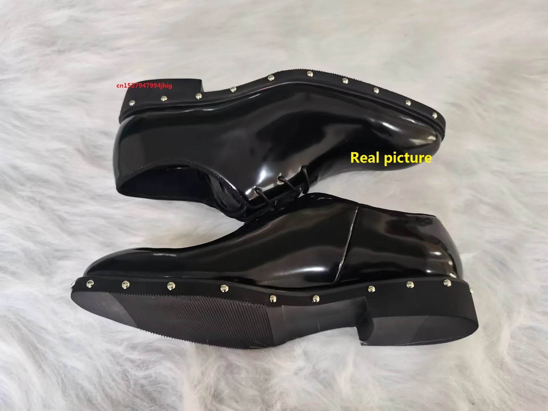 Handmade Genuine leather Black Wedding Dress Shoe Rivets Patent leather Formal Business Shoes Studded Man Flats Lace up Hombre - FLORANZANI- Beauté & Santé