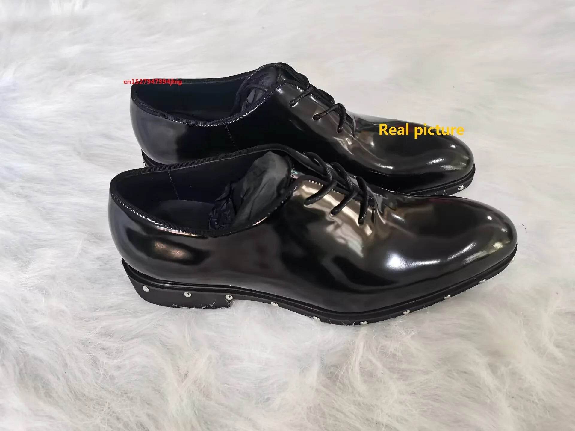 Handmade Genuine leather Black Wedding Dress Shoe Rivets Patent leather Formal Business Shoes Studded Man Flats Lace up Hombre - FLORANZANI- Beauté & Santé