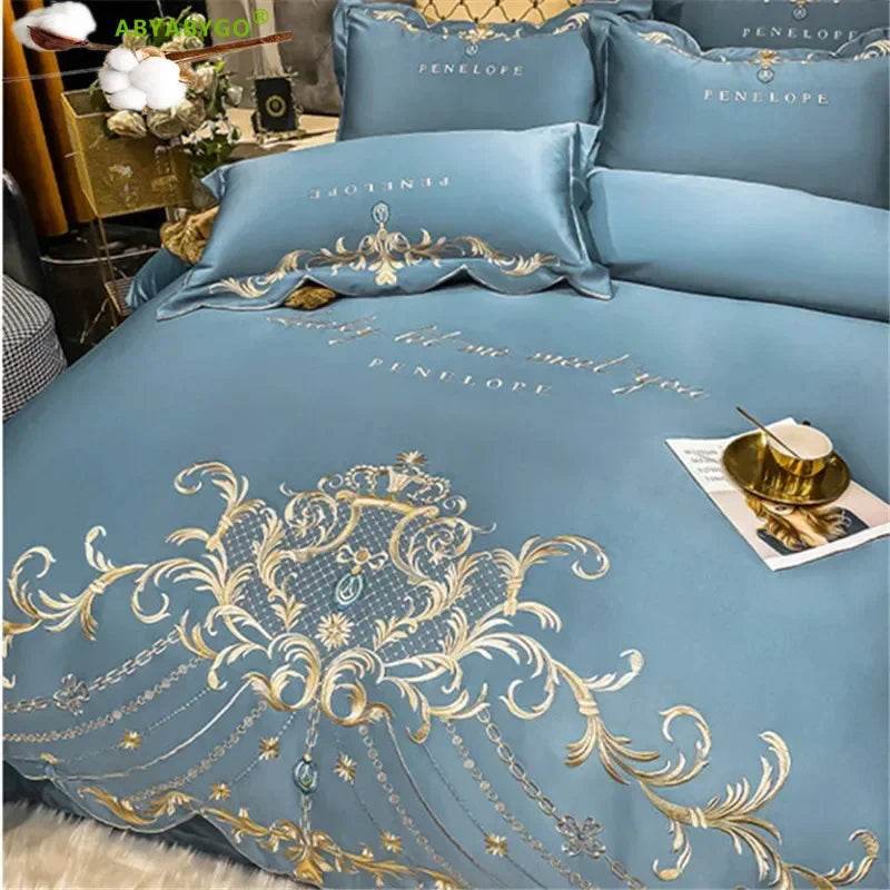 European Style Bedding Set Luxury Gold Royal Embroidery Satin Double Duvet Cover Pure Cotton Bed Sheets and Pillowcases Bed Set - FLORANZANI- Beauté & Santé