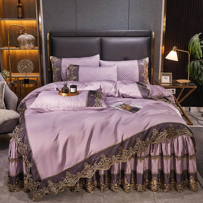 Satin Euro Bed Jacquard Bedding Set Luxury Duvet Cover Set Nordic Bed for Home Comfort Sheet Set Pillowcas Bed Skirts Bedding - FLORANZANI- Beauté & Santé